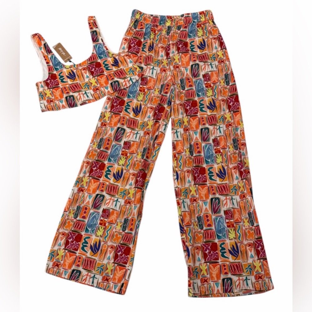Nasty Gal Two-Piece Co-Ord Set NEW Top & Pants Orange Tile Print